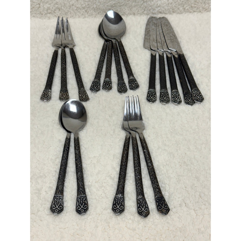 Mixed Lot 17pc Flatware Stainless Hammered Ornate Avalon Dark Metal